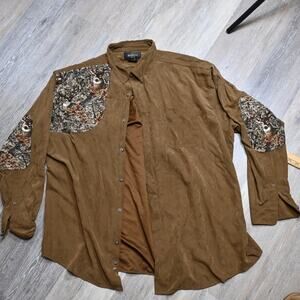 RedHead XXL Button Up Shirt Brown Camo Shoulder Patches Hunting Outdoor
